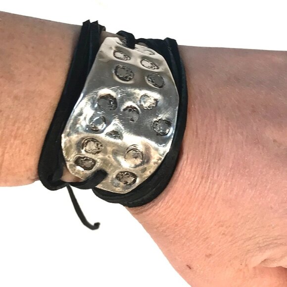 Rustic Skull Biker Wrap Bracelet Solid Sterling Silver 925 Cuff Genuine Suede - Picture 8 of 8